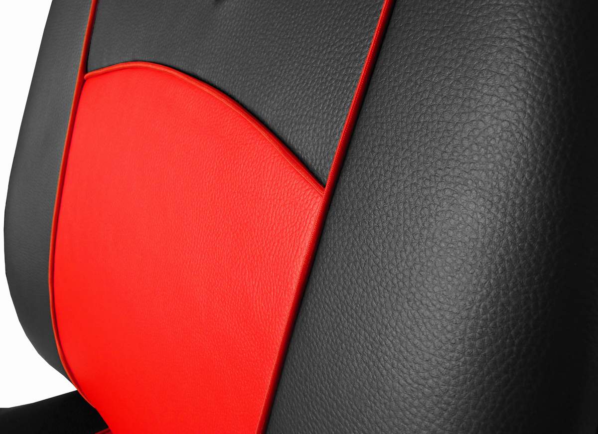 Autopotahy Škoda Fabia I kožené Tuning černočervené, dělené zadní sedadla, 5 opěrek hlavy